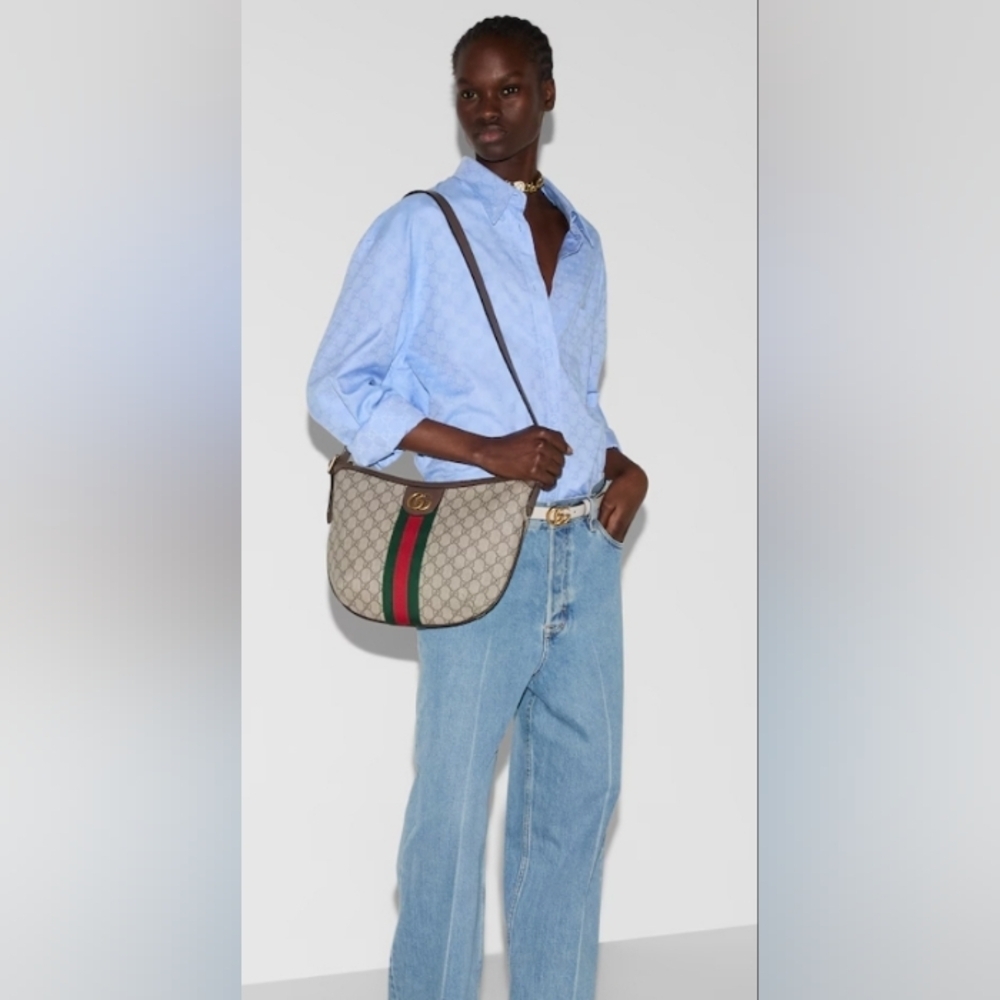 Gucci Beige GG Supreme Canvas Shoulder Bag with Green-Red Web